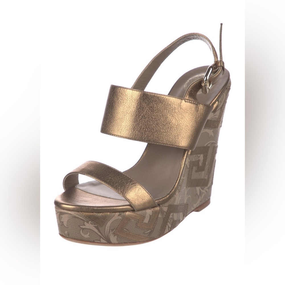 Authentic Versace Leather Gold Monogram Wedges 37 - image 3